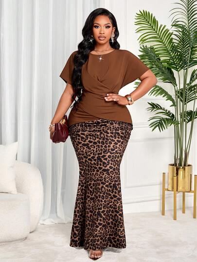 BIUBIU Plus Size Women's Fashion Casual French Retro Style Elegant Ruched Blouse & Leopard Print Fishtail Skirt Two Pieces Set, Ideal For Back To School, Graduation, Valentine's Day, Music Festivals, Mother's Day, Thanksgiving, Easter, Prom, Date Parties, Wedding Season, Outdoor Excursions & More