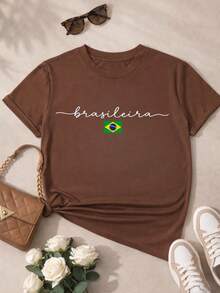 Women's Brazilian Cup T-Shirt 100% Cotton Minimalist Print Casual Comfortable Sizes S-XL - 棕色 - 查看 1