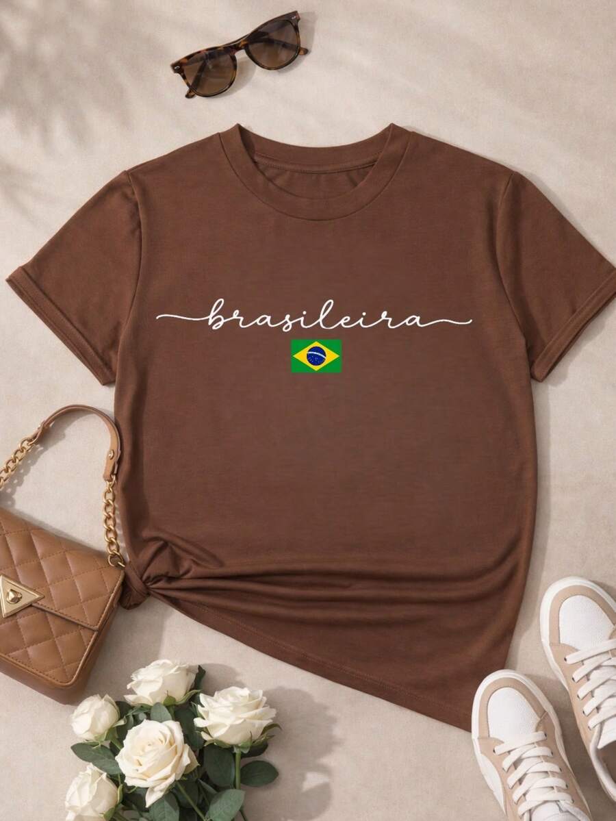 Women's Brazilian Cup T-Shirt 100% Cotton Minimalist Print Casual Comfortable Sizes S-XL - 棕色 - 查看 1