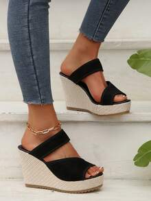 女士纯色休闲凉鞋，厚底套脚鞋，夏季坡跟度假鞋，编织底沙滩度假女士编织厚跟复古露趾穆勒鞋 - 黑色 - 查看 4