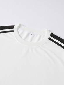 Men's Fashionable Athletic Short-Sleeved T-Shirt With Double Stripes, Simple Round Neck, Suitable For Everyday Casual Wear In Spring And Summer, And For Street Style. - White - View 4