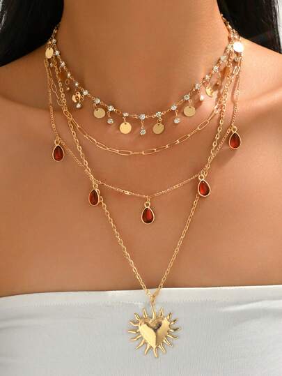 4pcs/Set Vintage Rhinestone Disc Tassel Necklace Set, Gold Chain With Red Teardrop Tassel Pendant, Unique Heart Charm Necklace For Women, Suitable For Daily Wear And Party