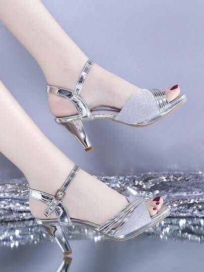 Women's Elegant Strap Buckle Open Toe High Heel Sandals, Fashion, Comfortable, Suitable For Wedding, Formal Occasions, Office