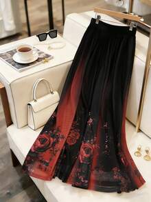 时尚休闲度假撞色印花设计轻盈优雅浪漫飘逸半身裙，适合早午餐场合，春夏穿着。 - 黑色 - 查看 3