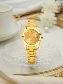 RICECGO 1pc Women's Luxury Gold-Tone Stainless Steel Quartz Watch, Fashionable Minimalist Elegant Design, Business Lady Wristwatch, Suitable For Daily Wear, Birthday, Mother's Day, Valentine's Day Gift