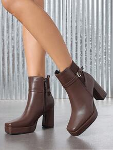 Giày bốt nữ cổ điển, bốt cổ thấp đế dày, bốt mũi vuông, khóa kéo bên hông, chất liệu da, khóa cài, kiểu dáng thường ngày thoải mái, thanh lịch, đế dày, màu nâu đậm. - nâu sẫm - Xem 2