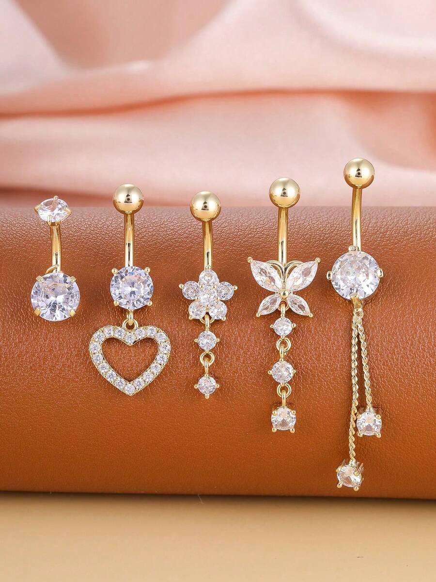 5pcs/Set Gold-Plated Curved Barbell, Belly Button Rings Set, Surgical Stainless Steel Inlaid Glitter Zirconia Heart, Flower, Butterfly Piercing Jewelry For Women, Daily Wear & Holiday Gift - Vàng vàng - Xem 1