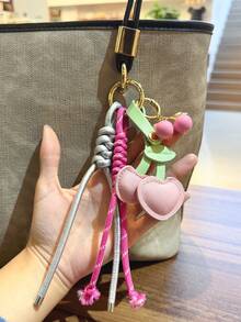 1pc Pink Girl Fruit Cherry Design Handmade Woven Bag Charm, Keychain, Backpack Pendant, Valentine's Day Gift - Multicolor - View 3