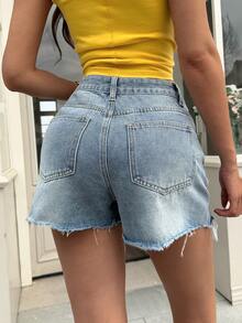 Women's Asymmetric High Waist Ripped Denim Shorts, Fashionable Casual Versatile - Blue - View 2