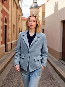 女士休闲翻领夹克，适合工作、通勤和日常穿着，秋冬季款 - 霧霾藍 - 查看 1