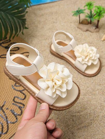 1 Pair Stylish Cute Versatile Fairy Style Anti-Slip Flat Sandals With Large Flower Design, A Must-Have For Little Girls, Suitable For Summer