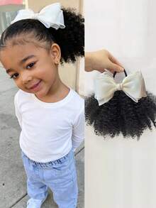 1pc Big Go Afro Kinky Marley Ponytail With Elastic Bow Clip, Soft Hair, Kids Braided Ponytail, Suitable For Girls - Black - View 10