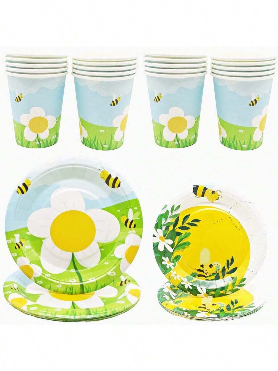 10pcs Bee Themed Party Plates, Tissue Cups, Tablecloths, Bee Honey Gathering Party Utensils, Suitable For Festivals, Celebrations, Birthdays, Parties, Tea Parties, And Weddings. Bee Festival - Multicolor - View 1