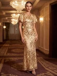 EVERPRETTY Đầm dạ hội nữ thanh lịch và quyến rũ, xẻ tà cao, xếp ly, đính sequin vàng, thích hợp cho các buổi dạ tiệc, tiệc tùng, sự kiện trang trọng, các dịp bán trang trọng, đám cưới, tiệc mùa xuân. - Vàng - Xem 4
