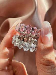 1 buc Inel Oval din Argint Sterling S925 cu Strasuri Incrustate, Bijuterii Delicate pentru Femei, Cadou Potrivit pentru Purtare Zilnică, Întâlniri, Anul Nou, Ziua Îndrăgostiților - Inel oval cu diamant - Vizualizare 2