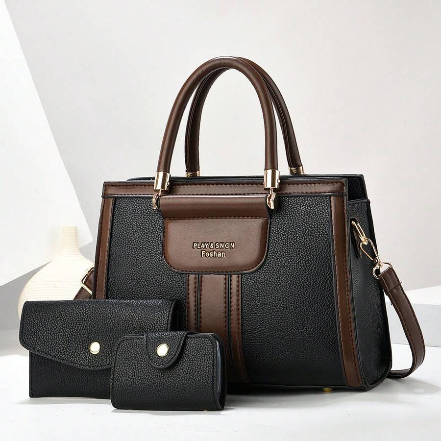 Multi-Tone 3-Piece Structured Shoulder Handbag Set - Women's Assorted Colors Work Commute Tote Purses With Wallet & Card Holder For Women Valentine's And Mothe's Day Gift - Black - View 1