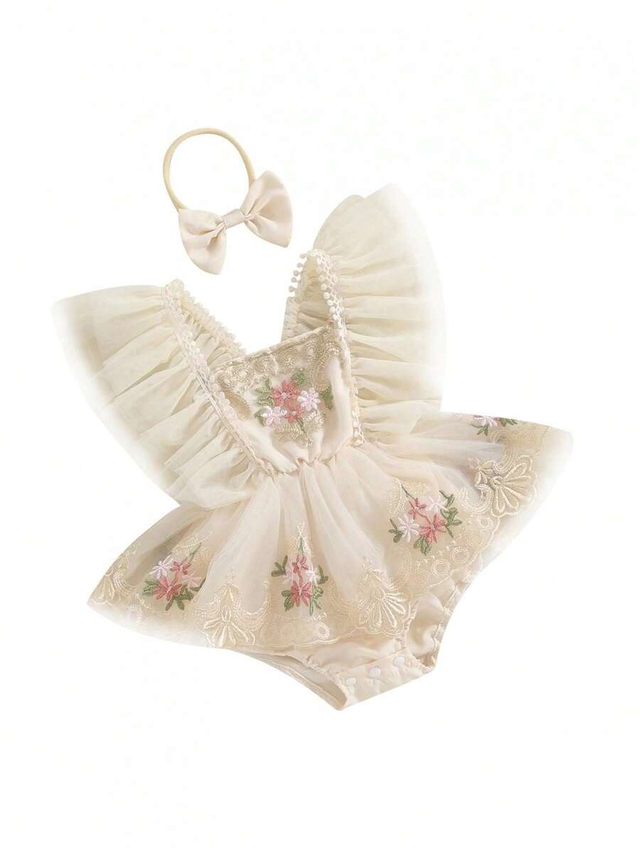 Conjunto de niña recién nacida, vestido de verano con bordado de flores y tul de patchwork y lazo para el pelo - Albaricoque - Ver 1
