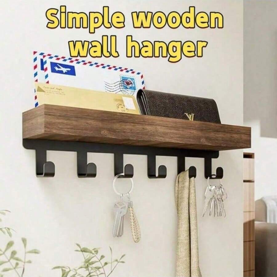 1 pieza Organizador de pared montado en la pared de madera vintage con 6 ganchos, estante de almacenamiento flotante y soporte para llaves/correo. Organizador de entrada de estilo nórdico minimalista con bandeja de madera, multiusos para cocina, dormitorio, baño y pasillo. Decoración del hogar ideal, adecuado como regalo de Navidad, Año Nuevo, cumpleaños, Día de la Madre para amigos y madres.