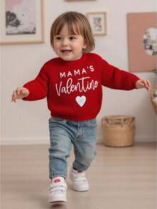 Suéter de San Valentín para bebé, manga larga, cuello redondo, bordado de corazón y letras, top de punto para niño pequeño - Rojo - Ver 1