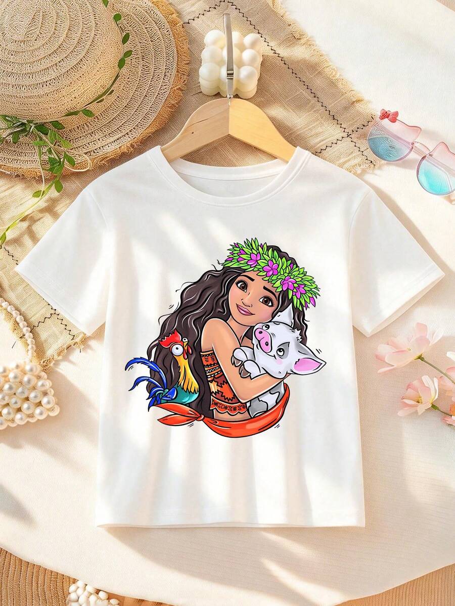 Disney Moana Princess Creative Print Pattern Girls' T-Shirt - Children's Clothing Design Short-Sleeve Casual Cute Style Comfortable And Relaxed Suitable For Boys And Girls, Perfect For Parties And Play Machine Washable Gift Children's Clothing Girls' Short-Sleeve Shirt - White - View 1