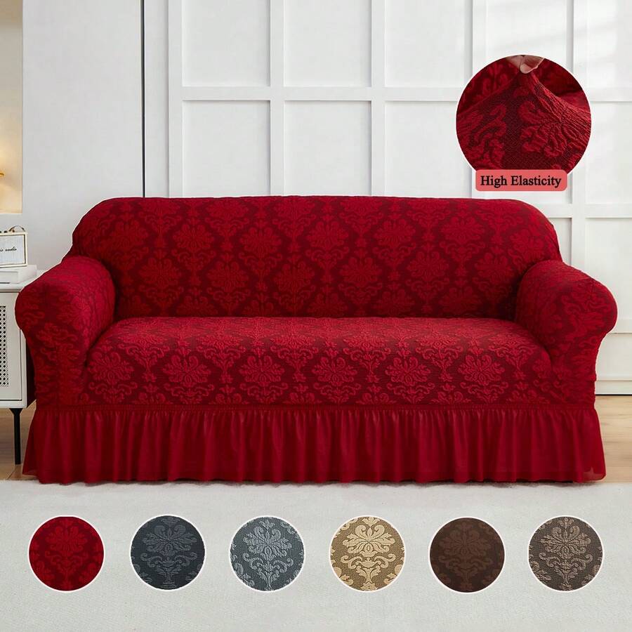 XM-Mirelitho 1 PC Stretch Sofa Cover Skirt Design Jacquard Craft Pet-Friendly Fabric Anti-Cat Scratching Non-Slip Machine Washable Suitable For Living Room Dining Room Bedroom Office Home Decoration All-Inclusive Sofa Cover - Màu Đỏ Sâu - Xem 1