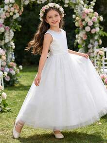 Girls' Elegant Backless Bow Pearls Mesh Sleeveless Maxi Dress, Suitable For Flower Girl, Birthday Party, Stage Performance, Wedding, Prom, Graduation, Christmas