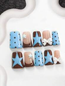 10pcs/Set Retro Sweet Style Gel Nail Stickers, Acrylic Press-On Nails, White 3D Star, Bow Nail Decor, Chocolate Polka Dot Pattern, Hand-Painted Blue Star Nail Art, Brown & Blue Nail Polish, Great Gift For Women & Girls, Nail Tools Included Nail Supplies Handmade Press On Nails - 彩色 - 查看 16