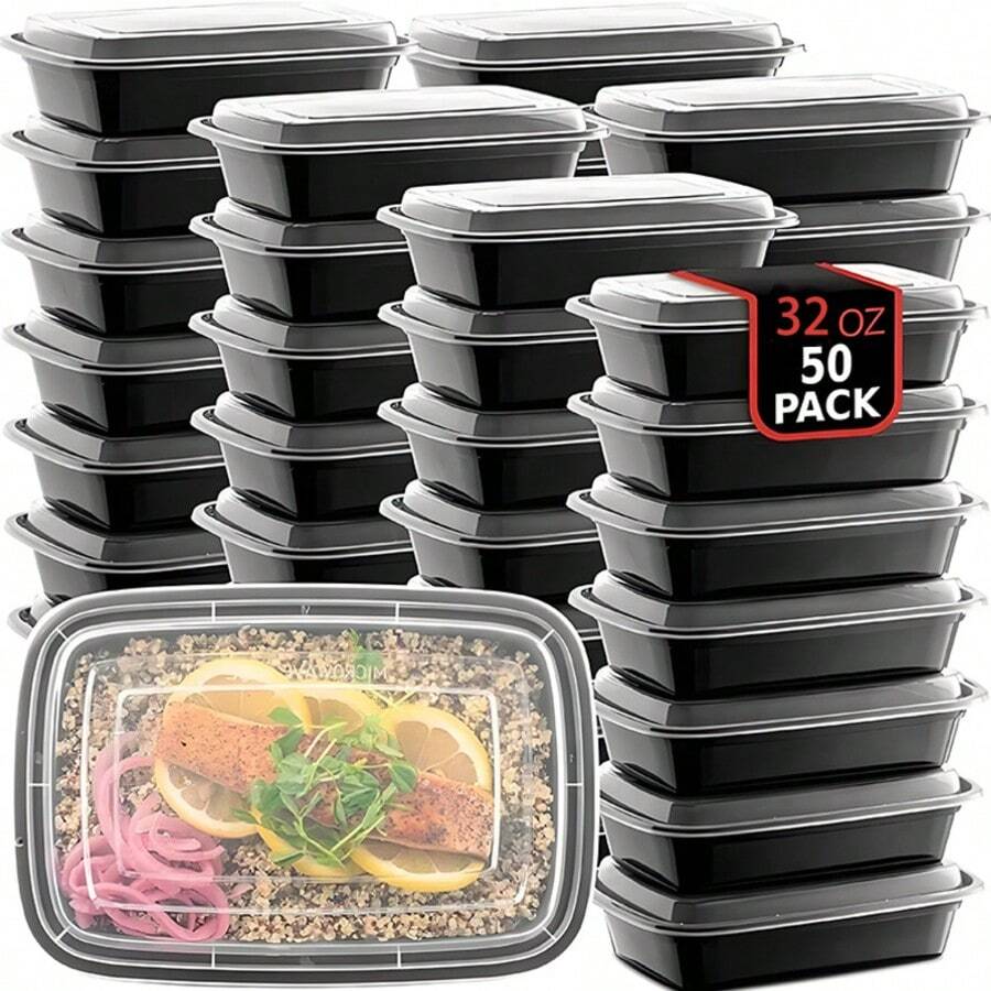 50Pcs 32oz Disposable Food Containers With Lids, Food Plastic Meal Prep Boxes, Leak-Proof & Microwave/Freezer For Family Lunches, Leftovers & Pantry Storage - màu đen - Xem 1
