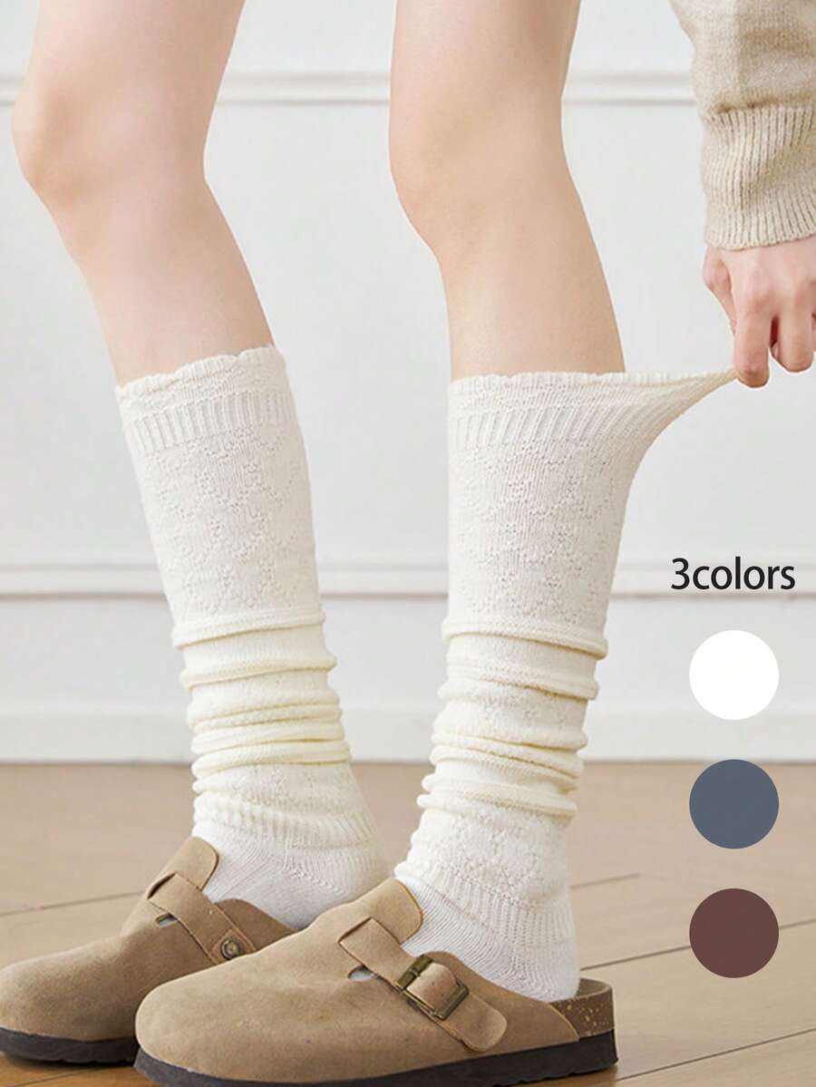 1双女士纯色复古花卉图案过膝长袜，加厚保暖腿套，秋冬款 - 彩色 - 查看 1