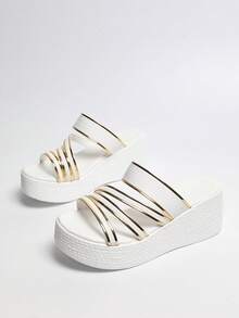 Mẫu sandal đế xuồng dày dặn, tối giản màu trắng, hàng mới về mùa hè, điểm nhấn viền vàng thời trang, thoải mái khi mang đi chơi hoặc nghỉ lễ, kiểu sandal xỏ chân đa năng phù hợp với váy và quần. - trắng - Xem 2