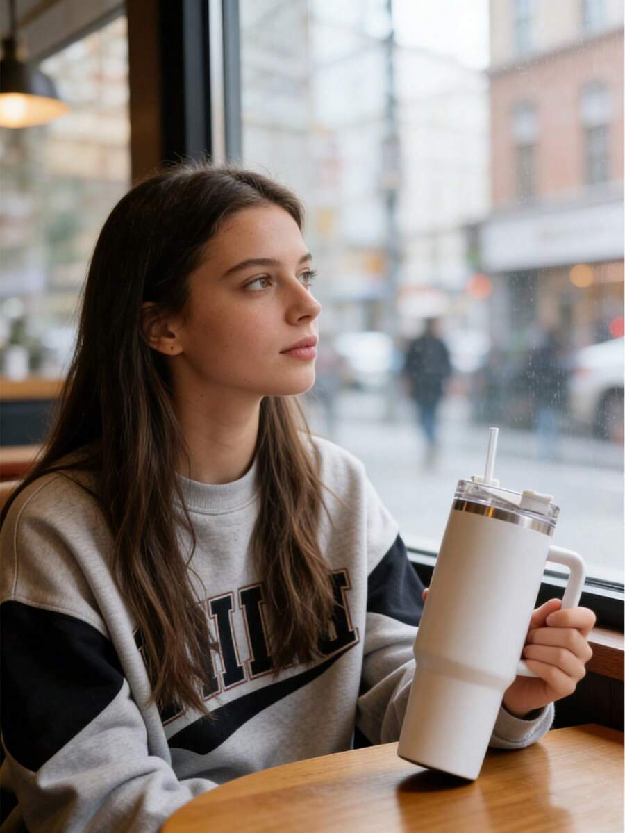 Vaso aislado de acero inoxidable de gran capacidad de 40 onzas, con asa antideslizante, diseñado para viajes largos, de boca ancha y fácil de limpiar, mantiene las bebidas heladas por períodos prolongados - Multicolor - Ver 1