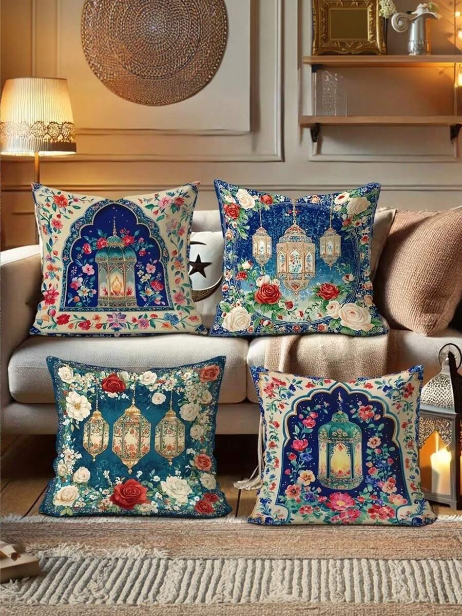 4 pièces Housses de coussin décoratif pour la décoration de Ramadan, arche florale, lanterne. Style vintage boho en bleu, rouge, blanc et vert. Doux et confortable. Impression unilatérale pour le salon, la chambre, le canapé et le lit, sans les inserts de coussin. - bleu indigo - Voir 1