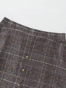 EARO Women's Elegant Long Plaid Skirt, Front Button Design, High Waist A-Line Silhouette, Non-Stretch Fabric Spring - Brown Black White - View 7
