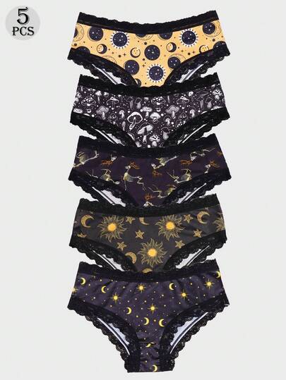 Dircho 5件套女士神秘印花三角裤套装，包含星空、蘑菇、鹿图案，黑色蕾丝边饰，柔软面料，深色调，日常舒适内衣，迷人休闲风格