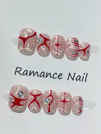 10Pcs False Nails Pink With Red Line Crystal Rhinestone Short Square Handmade Press On Nails For Halloween Party Photography