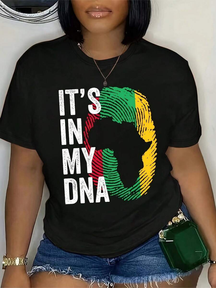 1pc Juneteenth Women' S Africa Fingerprint Print Black TShirt, Crew Neck, Casual Cotton Tee Medium Stretch Knit Fabric, Regular Fit For Female Ladies For Spring/ Summer/ Fall Independence Day, Black History Month, - 黑色 - 查看 1