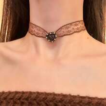 Vintage Coffee Color Heart Lace Choker Necklace For Women Autumn Winter Pure Desire Style Neck Chain AccessoryElegant And Exquisite In Design, Suitable For Daily Wear Or Dating Occasions, With Excellent Wearing Effect. - 項鍊1522 - 查看 6
