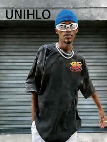 Disney UNIHLO  Lightning Mcqueen  Printed Summer Heavyweight Retro Washed Street Fashion Casual T-Shirt - 黑色 - 查看 3