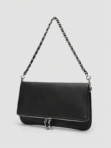 1件装女士链条单肩包/斜挎包，荔枝纹链条腋下包，简约时尚小方包，肩背斜挎两用包，带可拆卸肩带 - 黑色 - 查看 2