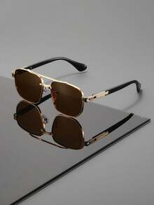 Vintage Double-Bridge Oversized Square Frame Glasses, Unisex, Striped Decorative Color-Block Temples, Suitable For Street Photography And Vacation Looks - Multicolor - View 1