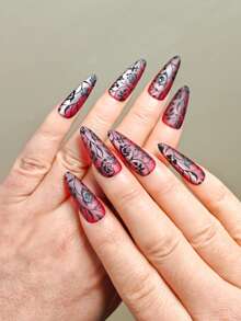 30 piezas Juego de uñas postizas de forma de almendra con puntas largas. Uñas postizas de cobertura completa con efecto de ojo de gato color rosa mate de gamuza premium con sensación de bordado. Kit de uñas postizas para el Día de San Valentín. Incluye un trozo de pegamento de gelatina y lima de uñas, adecuado para uso diario, fiestas, baile y como regalo. - Multicolor - Ver 2