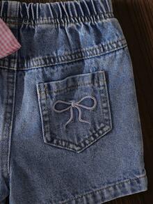 女婴及女婴甜美粉色条纹雏菊无袖上衣和浅蓝色牛仔短裤套装，粉色蝴蝶结 - 粉色 - 查看 5