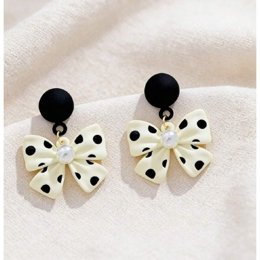 Simple Temperament Bow Polka Dot Earrings Fashionable Cute Black And White Polka Dot Drop Dangle Earrings For Women Jewelry Gifts - 黑色蝴蝶結耳環 - 查看 1