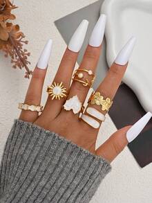 6件套时尚简约优雅花朵、心形、星星、月亮、太阳装饰鸡尾酒戒指套装，适合海滩、派对、婚礼、生日、日常佩戴（无包装盒） - 金黃色 - 查看 2
