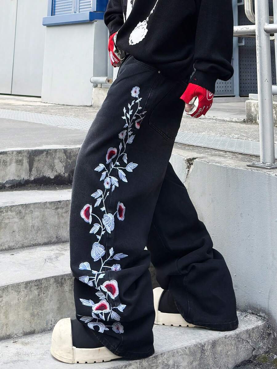 Infinite Jeans 1pc American Street Style Fashion Embroidered Men's Loose Comfortable Wide Leg Jeans, Versatile All-Season Long Pants (Product Does Not Include Belt And Accessories) - Black - View 1