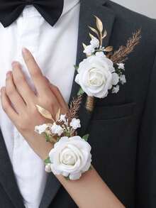 1pc/6pcs Luxury Princess Rose Flower With Faux Greenery & Pearl Bracelet, Suitable For Bride, Groom, Bridesmaids, Weddings, Engagements, Parties, Events