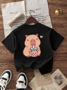 Camiseta de manga corta negra con cuello redondo y estampado casual para estudiantes de escuela de chicas y adolescentes, top de verano - Negro - Ver 3