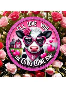 La corona del Día de San Valentín con el logo "Te amaré hasta que las vacas vuelvan a casa", decorada con una corona circular de madera, diseño de estilo romántico, decoración colgante de estilo rural y granja para el Día de San Valentín, adecuada para la familia, terraza, sala de estar, dormitorio, es un regalo romántico para novias y novios - Multicolor - Ver 1