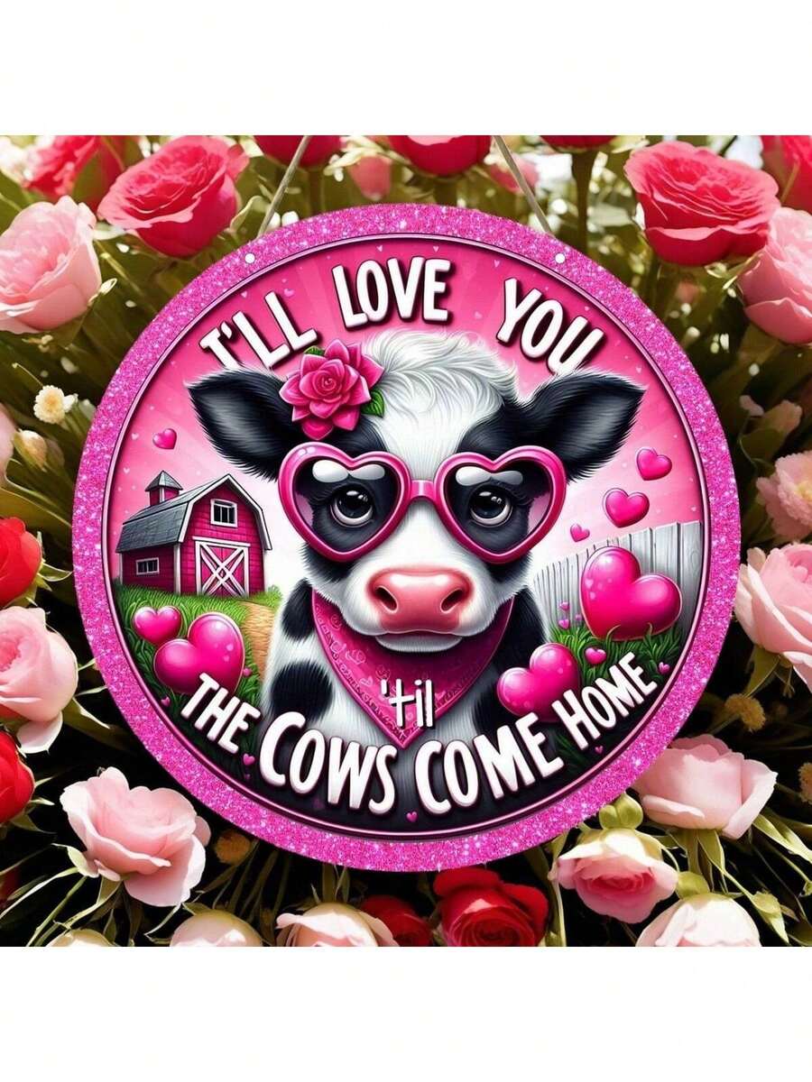 La corona del Día de San Valentín con el logo "Te amaré hasta que las vacas vuelvan a casa", decorada con una corona circular de madera, diseño de estilo romántico, decoración colgante de estilo rural y granja para el Día de San Valentín, adecuada para la familia, terraza, sala de estar, dormitorio, es un regalo romántico para novias y novios - Multicolor - Ver 1