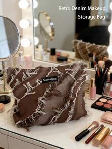 1pc Mini Makeup Storage Box, New Vintage Denim Tassel Square Cosmetic Jewelry Storage Bag, Portable Travel Waterproof Organizer Pouch, Multi-Functional Large Capacity Makeup Bag For Cosmetics, Brushes, Towels, Toothbrush, Suitable For Daily Outings, Travel, Gift For Girlfriend, Coworker, Friend, Birthday, Valentine's Day - Multicolor - View 1